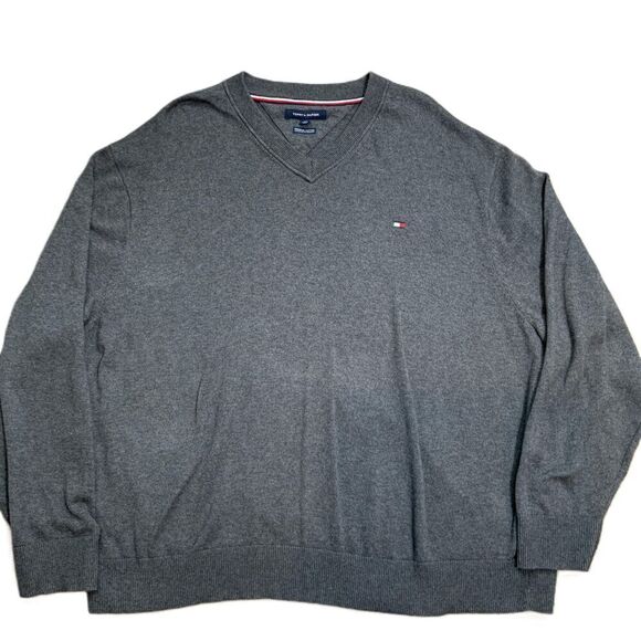 Tommy Hilfiger Gray Long Sleeve Embroidered Logo V Neck Sweater Size 3XL Preppy - Picture 1 of 11